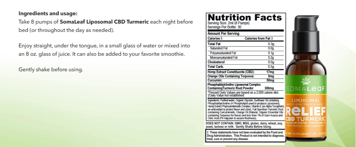 SomaLeaf CBD Turmeric Complete Ingredient Transparency Label
